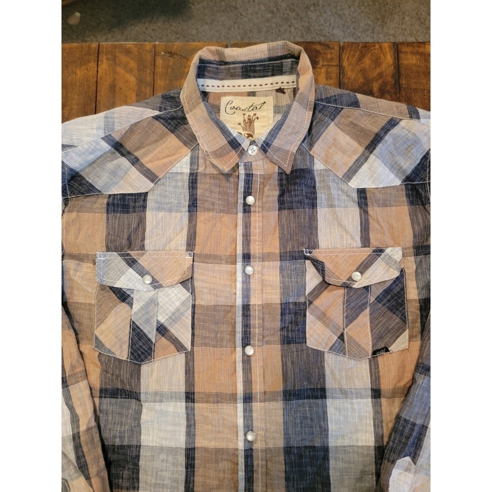 Coastal Western Pearl Snap Shirt Mens XL Tan Blue Plaid Long Sleeve Excellent - Picture 4 of 10